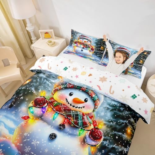 Manfei Lovely Snowman Kids Duvet Cover Set Full Size,Xmas Colorful Lanterns Snowflake Girls Boys Bedding Set,Winter Merry Christmas Room Decor,Rainbow Quilt Cover,2 Pillowcases(No Comforter) by Manfei
