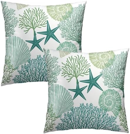 Summer Ocean Themed Nautical Coastal Throw Pillow Covers 22X22 Inches Set of 2 Aqua Teal Seashell Starfish Coral Pillowcase Soft Cotton Square Cushion Covers for Home Sofa Patio Bedroom Decoration - Image 2
