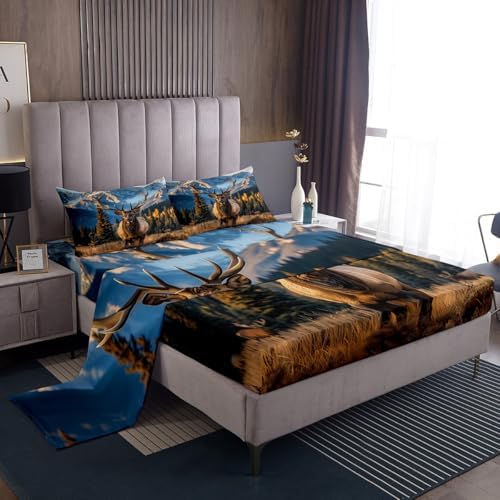 Feelyou Deer Bed Sheets Set Twin Size Wild Animal Sheet Set for Kids Boys Girls Decor Forest Sheets with Deep Pocket Fitted Sheet Sapphire by Feelyou