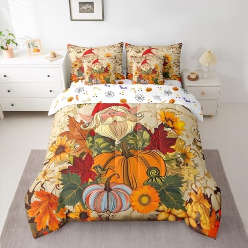 Fall Gnome Twin Comforter Set 7 Pieces Bed in a Bag Set,Thanksgiving Autumn Harvest Bedding Sets Twin with Maple Leaf Sunflower Pumpkin Decor Quilted Comforter,Flat Sheet,Fitted Sheet,Pillowcases - Image 3