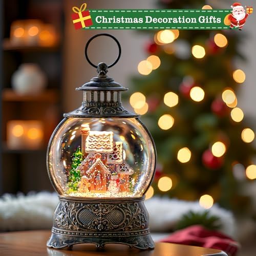 Christmas Snow Globes Christmas Water Lantern with Gingerbread Man & Snowman, Music & 6H Timer, USB Lined/Battery Operated Lighted Lanterns for Xmas Festival Decoration Gifts - Image 4