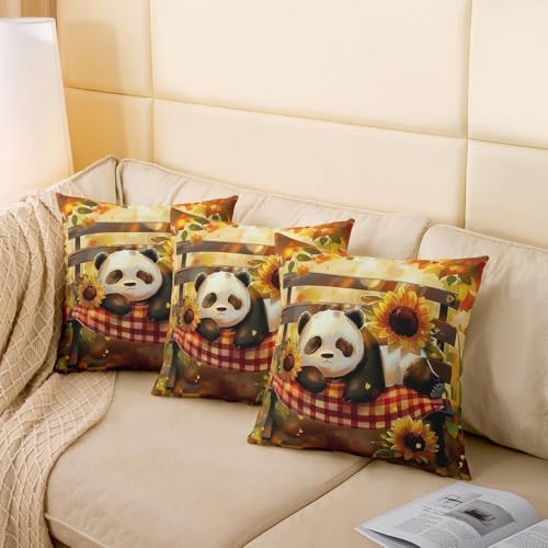 Manfei Cartoon Panda Pillow Covers Pack of 2,Rustic Sunflower Farmhouse Sunshine Double Sides Print Cushion Covers,Natural Lovely Wild Animal Square Couch Pillow Covers,24"x 24" - Image 4