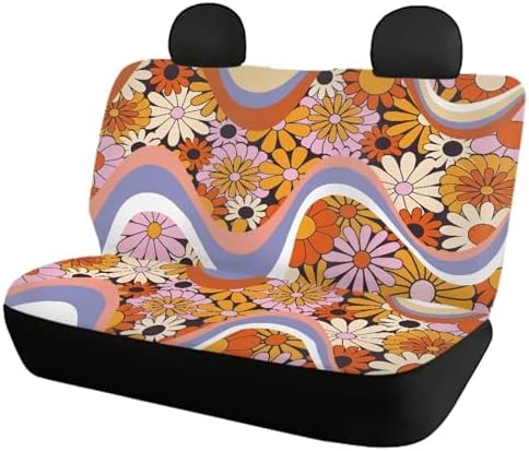 Trendy 60s 70s Wavy Swirl Hippy Floral Print Car Front Seat Covers Y2K Colorful Groovy Daisy Psychedelic Hippie Car Accessories with Rear Bench Covers Auto Interior Decor Protector 4 Packs