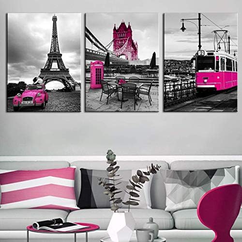 sunfrower Hot Pink Paris Canvas Wall Art Prints Bathroom Bedroom Decor Eiffel Tower Cityscape Posters for Girls Room Decorations Lover Tele Booth Bus Car Street Painting Picture Artworks 12×16" 3 Pcs - Image 6