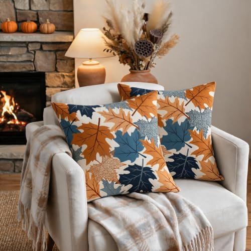 Fall Pillow Covers 16x16 Set of 2 Burnt Orange Blue Maple Leaf - Image 3