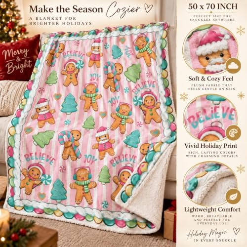 Pink Gingerbread Christmas Throw Blanket 50x70in, Cozy Holiday - Image 4