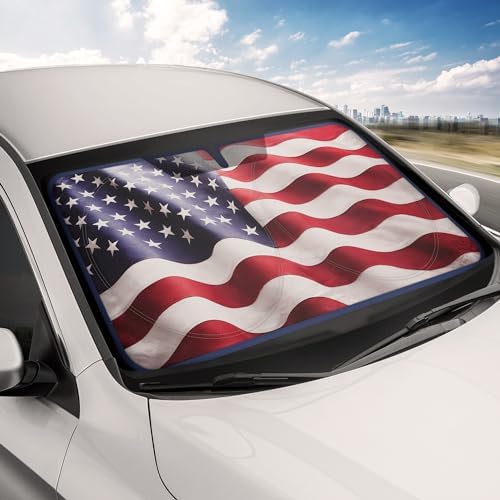 Motor Trend USA Americana Flag Car Windshield Sun Shade for Front Window, Foldable Car Sun Shade with Patriotic Graphic, Collapsible Sun Visor Sunshade for Cars Windshield (Medium 65" x 33")