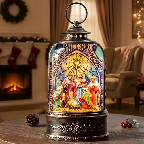 Christmas Snow Globe Swirling Glittering Nativity Scene with Music, USB Lined/Battery Operated Lighted Water Lantern for Christmas Festival Decoration Gifts - Image 3