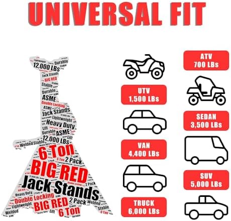 Big RED T46202-2 Torin Steel Jack Stands: 6 Ton (12,000 lb.) Capacity, Red, 1 Pair - Image 5