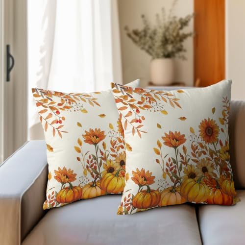 Fall Pumpkin Pillow Covers 20x20 Set of 2 Orange White Leaves Sunflower Outdoor Throw Pillows Covers Autumn Thanksgiving Harvest Decorative Farmhouse Cushion Case for Living Room Couch Sofa - Image 3