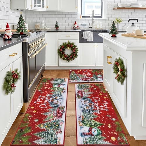 U'Artlines Christmas Kitchen Rugs and Mats Set of 3, Non Skid Tree Car Rug - Image 6