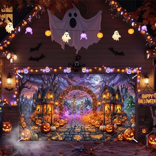 Halloween Garage Door Cover 16x7ft 2 Car Skeleton Pumpkin Haunted Decor - Image 2