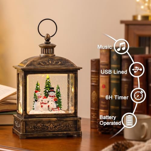 Christmas Snow Globe Swirling Glittering Snowman Family with Music & Timer, USB Lined/Battery Operated Lighted Water Lantern for Christmas Festival Decoration Gifts - Image 4