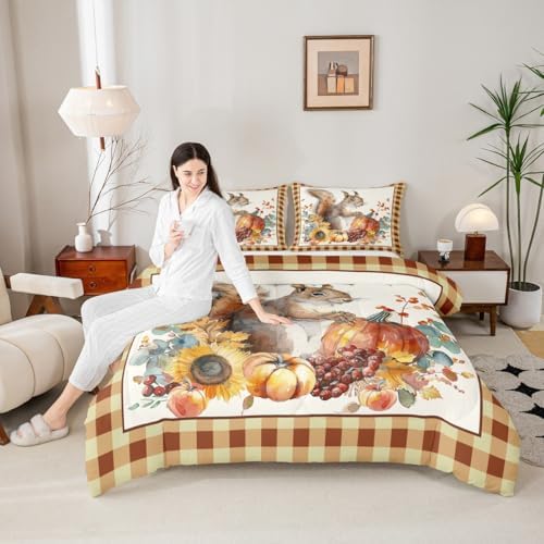 Homewish Cute Squirrel Sunflower Comforter Set Full Size,Autumn Pumpkin Grid Quilt for Kids Girls Adults Room Decor,Rustic Farmhouse Plants Bedding Halloween Themed Duvet Insert,Yellow Fall07 by Homewish