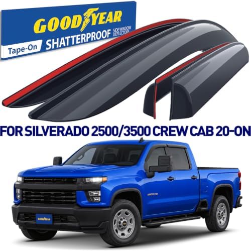 Goodyear Shatterproof Window Deflectors for Chevy Silverado/GMC Sierra 2500HD,3500HD 2020-2026 Crew Cab, Tape-on Rain Guards, Window Visors, Vent Deflector Visor, Car Accessories, 4 pcs.- GY003181LPv2
