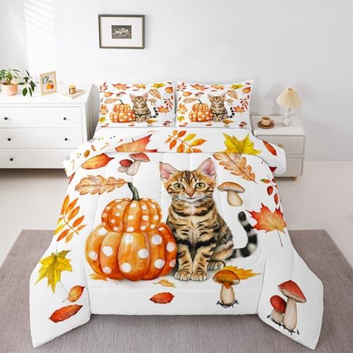 Erosebridal Pumpkin Comforter Cat Fall Decor Bedding Cartoon Cat Bedding Comforter Sets, Autumn Harvest Theme Duvet Insert Thanksgiving Gifts Down Comforter for Girls Boys Bedroom Collection, King by Erosebridal