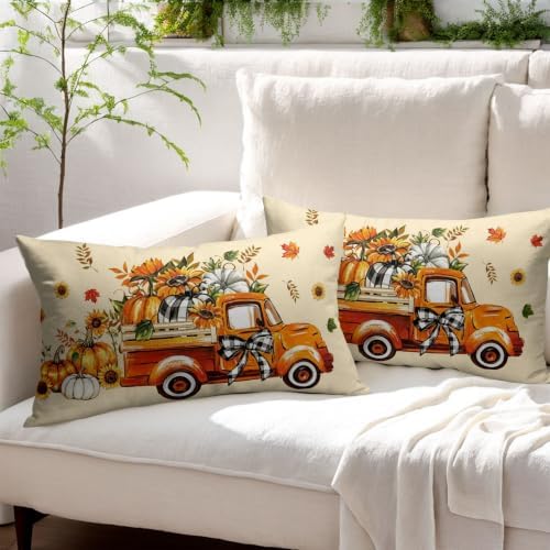 Fall Orange Truck Throw Pillow Covers 12x20 Set of 2 Buffalo Plaid Pumpkin Sunflower Thanksgiving Pillow Covers Plaid Bow Maple Leaves Pillowcase for Kitchen Sofa Cushion Outdoor Bedroom Decoration - Image 4