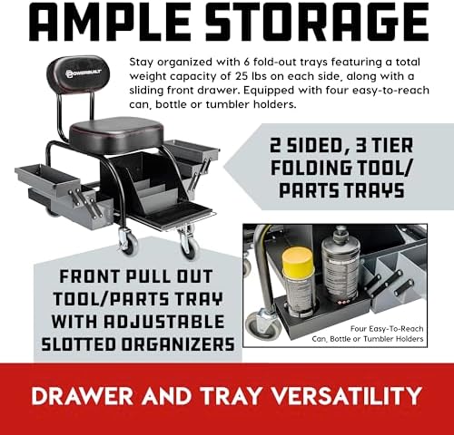 Powerbuilt Professional Mechanics Roller Seat, Heavy Duty Padded Detailer Seat and Backrest, Sliding Storage Drawers, Tool Tray, Can Holders, 4-Inch Swivel Wheels - Image 6
