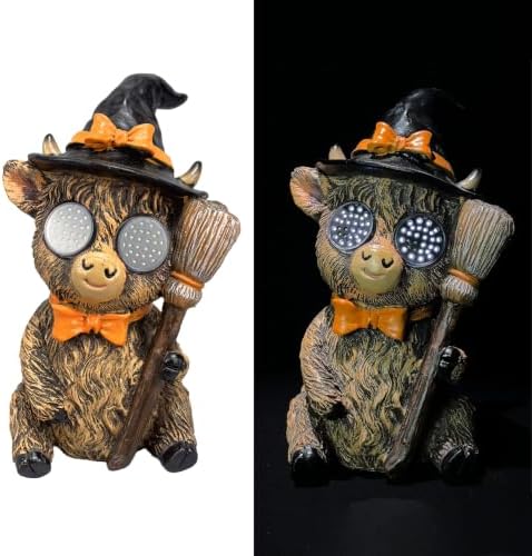 Halloween Highland Cow LED Statue, Witch Broom Decor - Image 2