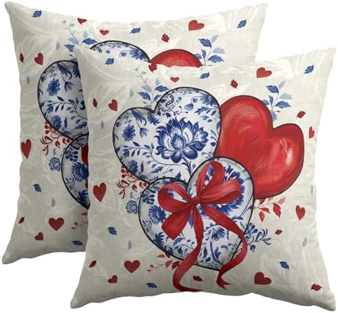 Valentines Day Pillow Covers 20x20 Set of 2 Red Blue Heart Throw Pillow Covers Love Pillowcase Linen Decoration Farmhouse Holiday Cozy Soft Cushion Case Couch for Indoor Outdoor Home Decor by Unknown
