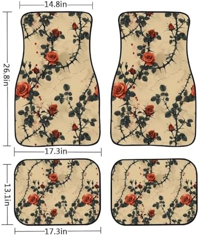 Rose 4 Pcs All Weather Car Floor Mats, Retro Garden Front & Rear Row Foot Mat Interior Accessories, Gothic Thron Floral Universal Fit for SUV Sedan Van