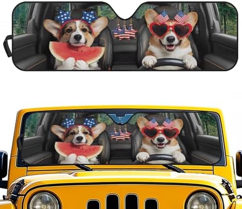 Renewold Funny Corgi Driving, Car Front Window Shade, Foldable Keep Cool Sun Shield Cover, Car Sun Visor for Jeep Wrangler JK JKU JL JLU 1997-2023 2/4 Door Gladiator JT, Automotive Windshield Sunshade