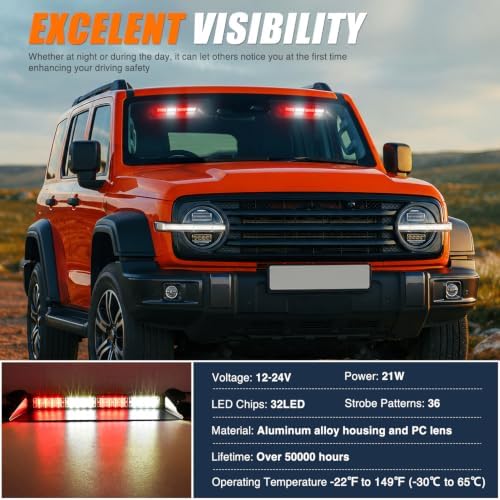 Nilight 32LED Red White Dash Strobe Light w/Controller Windshield Mount