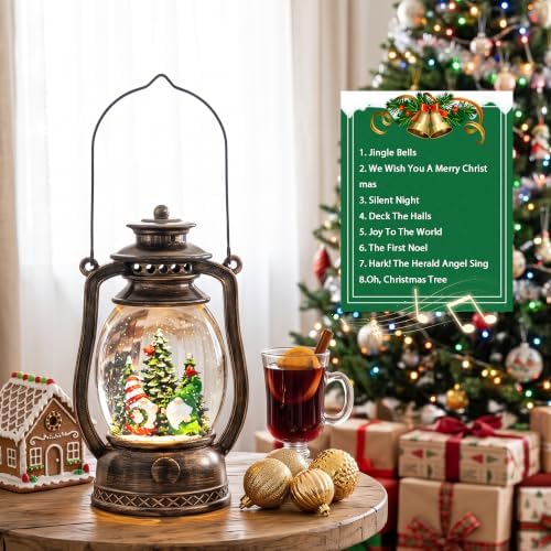 Christmas Snow Globe Lantern with LED Lighted Water Glitter, Hanging Kerosene Style Santa Tree Scene, Vintage Bronze Tabletop Holiday Decoration Gifts - Image 5