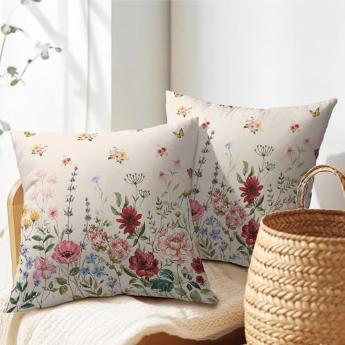 Spring Floral Pillow Covers 16x16 Set of 2 Green Garden Plant Butterfly Throw Pillows Covers Springtime Watercolor Decorative Farmhouse Cushion Case for Living Room Couch Sofa - Image 7