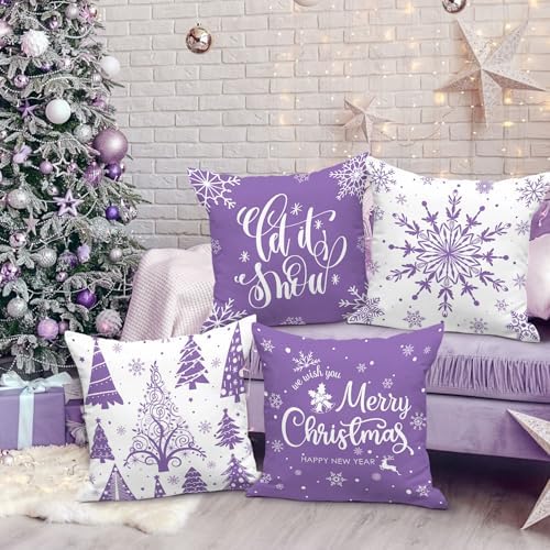 Lanpn Christmas Throw Pillow Covers 18x18 4 pcs, Merry Christmas Xmas Winter Snowflake Decorative Holiday Cushion Pillow Cases 18 x 18 Indoor Farmhouse Home Room Couch Sofa Decor (Purple) - Image 4