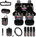 Skull Colorful Mushroom Car Seat Covers 15Pcs Full Set Car Steering Wheel Cover Seat Belt Cover Trash Bin Air Vent Storage Box Rear View Mirror Car Cup Holder Keychain