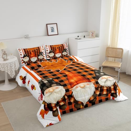 Erosebridal Fall Gnome Bedding Set Queen Size Orange Black Lattice Comforter Set Pumpkin Thanksgiving Autumn Harvest Down Comforter for Boys Child Teens Maple Leaves Quilt Set Nature Grid Room Decor - Image 6