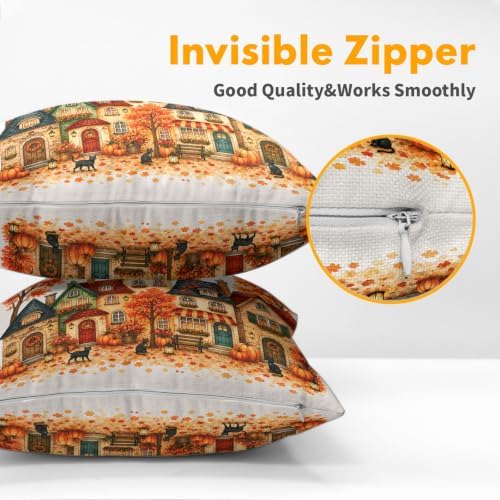 Fall Fairy Tale Cottage Pillow Covers 22x22 Set of 2 Thanksgiving Orange Pumpkin Maple Leaves Outdoor Throw Pillows Covers Black Cat Decorative Farmhouse Cushion Case for Room Couch Sofa - Image 5