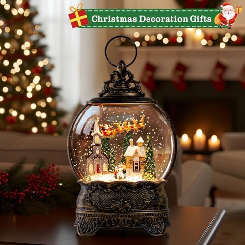 Christmas Snow Globes Lantern Snow Globe with Music Water Lantern Santa Flying Scene Elk Lighted Swirling Water Glitters Snowglobe Christmas Decoration - Image 4