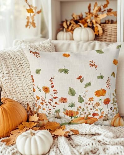 Fall Green Orange Pumpkin Pillow Covers 20x20 Inch Set of 2, Thanksgiving Autumn Wildflowers Decorations Indoor Outdoor Throw Pillows, Orange Blue Linen Pillowcases for Patio Sofa Couch Bedroom - Image 3