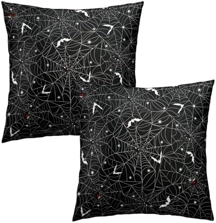 Halloween Spider Web Throw Pillow Covers 24X24 Inches Set of 2 White Bat Pillowcase Soft Cotton Square Cushion Covers for Home Sofa Bedroom Decoration - Image 2