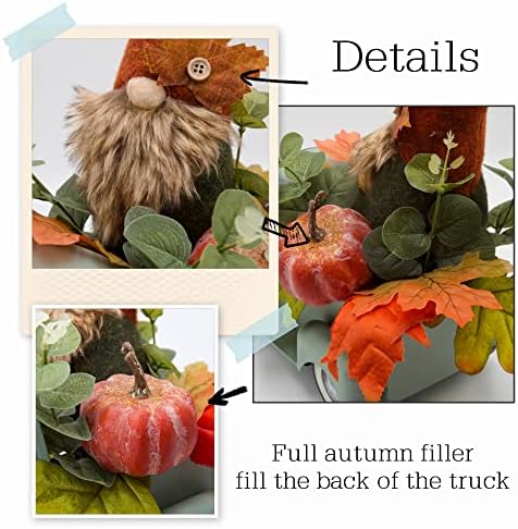 Vintage Turquoise Metal Truck with Gnomes Pumpkin Maple Leaf Farmhouse Table Top Fall Decor, Autumn Themed Thanksgiving Old Pickup Truck Decorations for Home Table Shelf, 12 inch - Image 2