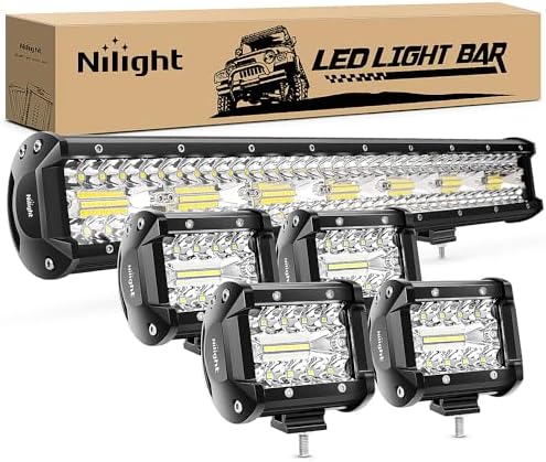 Nilight 20 Inch 420W Triple Row Flood Spot Combo Led Light Bar 4PCS 4Inch 60W LED Pods Driving Boat Lights Led Off Road Trucks Lights , 2 Years Warranty (ZH415), Black