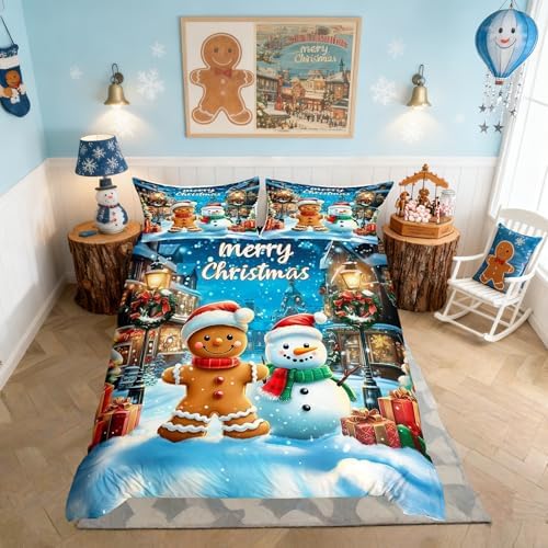 Manfei Gingerbread Man Girls Bedding Set Twin Size, Cute Snowman Merry Christmas Duvet Cover Set，Snowflake Winter Xmas Poinsettia Room Decor,Blue Brown Quilt Cover,1 Pillowcase(No Comforter) - Image 3