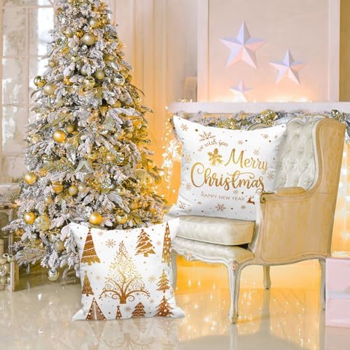 Lanpn Christmas Throw Pillow Covers 12x12 4 pcs, 12 inch White and Gold Bronzing Decorative Xmas Cushion Covers Pillow Cases 12 x 12 for Home Bedroom Room Holiday Couch Decor Decorations - Image 3