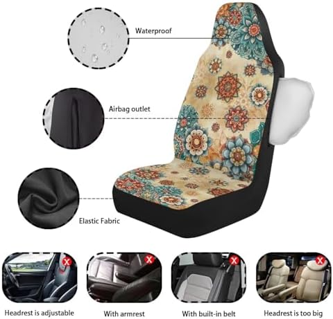Bulopur Boho Floral Waterproof Car Front Seat Covers Airbag Compatible Cloth Auto Seat Cushions Protector for SUV Truck Van, Easy to Install Car Interior Decor