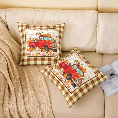 Autumn Truck Pack of 2 Pillow Covers,Rustic Maple Leaves Pumpkin Cute Puppy Dog Reversible Print Cushion Covers,Thanksgiving Day Retro Brown Plaids Patchwork Pillow Covers,22"x 22" - Image 2