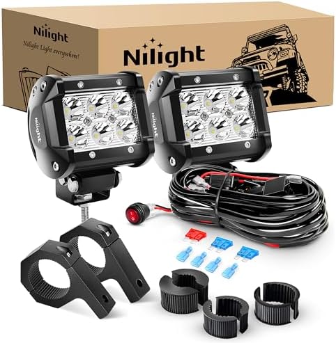 Nilight ZH059 2PCS 4 Inch 18W Spot LED Light Mounting Bracket Horizontal Bar Tube Clamp with Off Road Wiring Harness-2 Leads