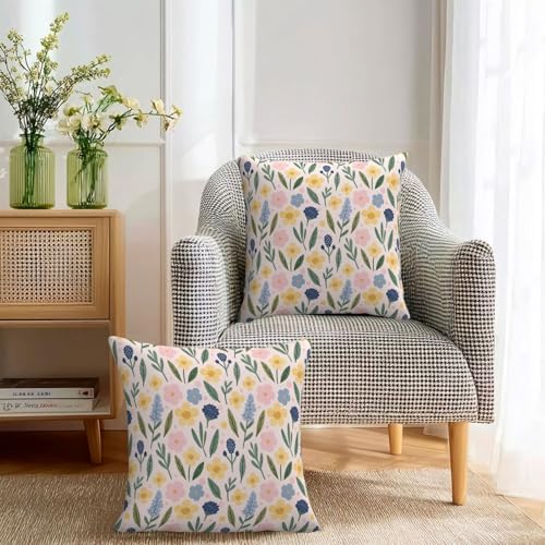 KiuLoam Spring Cute Watercolor Floral Pillow Covers 22x22 Inch Set of 2, Yellow Pink Blue Rustic Farmhouse Decorative Throw Pillows, Outdoor Square Cushion Cases for Sofa Couch Bed Home Decor - Image 3