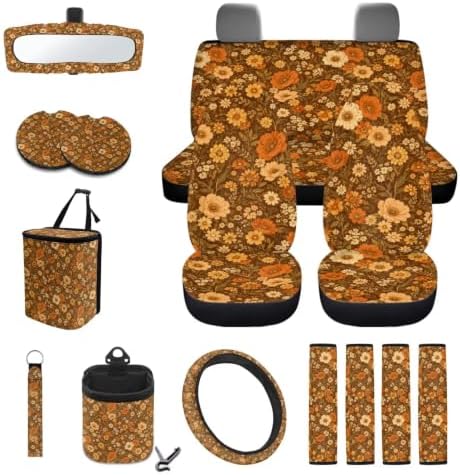 15Pcs Car Seat Cover Full Set Car Steering Wheel Cover Seat Belt Cover Trash Bin Air Vent Storage Box Front Rear View Mirror Car Cup Holder Keychain, Cottagecore Retro Fall Flower