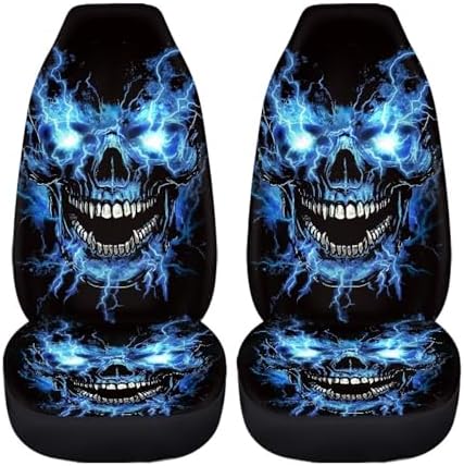 Blue Flame Skull Car Front Seat Covers Soft Car Seat Cover Easy Installation Breathable Front Seat Cover Protection Interior Accessories Universal for Auto Truck Van SUV 2 Pcs