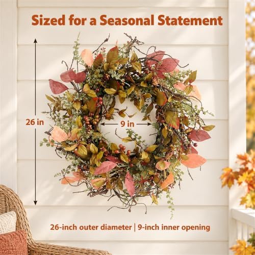 26 Inch Fall Wreath for Front Door Artificial Grapevine Wreath - Image 2