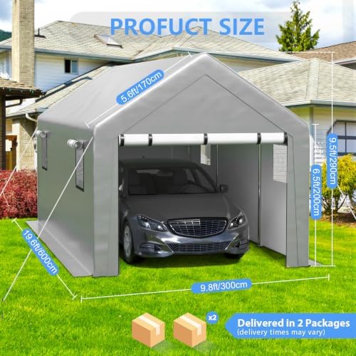 Jocoevol Carport 10x20 FT Enclosed Carport with Roll-up Windows, Portable Garage with Removable Sidewalls & Doors, Car Canopy Tent with Sandbags All-Season Tarp for Car Motorcycle Boat Truck Gray - Image 2