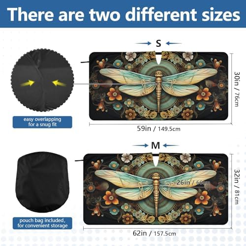 Windshield Sun Shade Dragonfly Florals Mandala Boho Car Sunshade for Auto Truck SUV, Sun Shield that Keeps Your Vehicle Cool, Foldable, Storage Bag 62 x 32 in