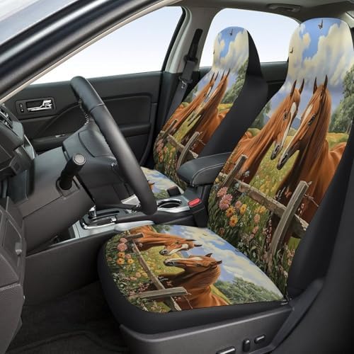 Horse Pattern Car Seat Covers, Trendy Universal Car Seat Protector Full Set, Automotive Seat Covers for Front Seats Rear Seat Back Seat Gift (Horses in Meadow, Full Set)